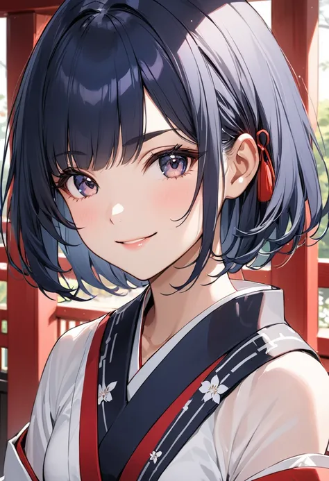 (masterpiece, best quality),A girl wearing a traditional Japanese shrine maiden costume,miko outfit,Off shoulder,in Japanese shrine, BREAK (girl,16yo,detailed face,(darkblue hair, wavy-short hair),bold eyebrows,middle small breasts),smile,