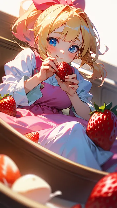 
High resolution, One girl,smile、 Blonde permed ponytail、blue eyes、Cute PINK dress。Strawberry hair accessory、Overall pale、Pastel color image。
Milk and strawberries in a glass bowl。
Buried in strawberries。8K Octane, Eating strawberries。At a dynamic angle、Gi...