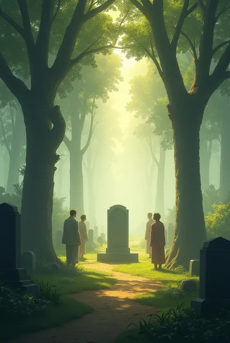 A quiet, peaceful village cemetery with a simple grave. Villagers stand nearby, some in silent prayer, while soft light beams from among the trees, symbolizing peace and eternal rest.

