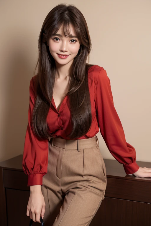 High resolution,bangs, Brown Hair, Long Hair, Brown eyes、chest、D cup、165 cm、
２４age、Beautiful Face、Natural Makeup、smile、
Red trousers、Black blouse、Handbags