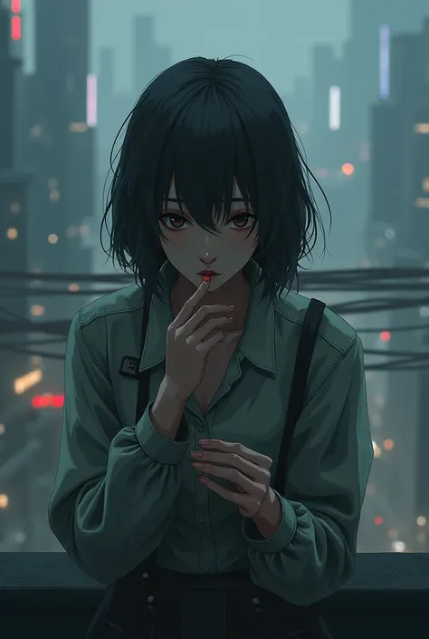 Anime Style, Create an illustration, The background of the image is、It should be a big city with cloudy and gloomy weather., A girl with a sad expression smoking a cigarette..