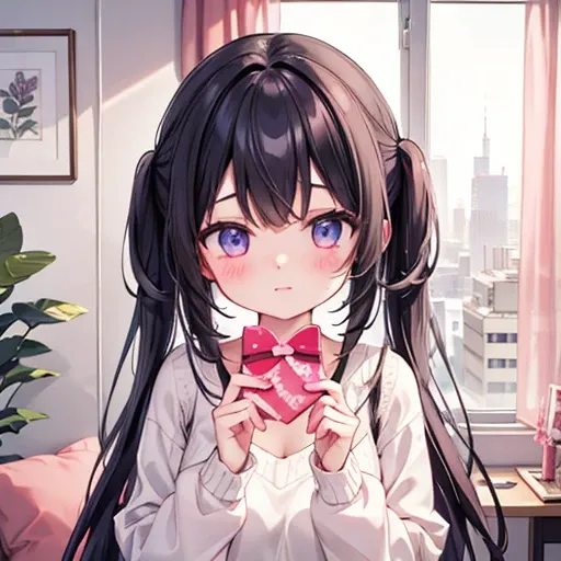 One Girl、Embarrassing、Valentine&#39;Day、winter、Dark blue hair、Yellow Eyes、scarf、Coat、boots、Knitted sweater、Handing over wrapped chocolate candy、Front view、Look away、Please redeem、whole body,Large Breasts