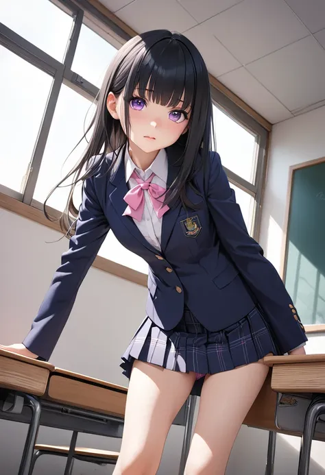 One girl, JK, 18 yo, Highly detailed beautiful face, neat straight bangs arranged horizontally, very long black hair, purple eyes, school uniform with navy blue blazer on top, navy blue mini pleated skirt, black socks, loafers. School classroom, leaning fo...