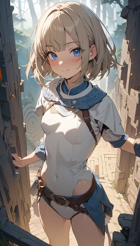 masterpiece, Best Quality, High resolution, Super detailed, Anime Style,  Fantasy, Cowboy Shot, One Girl, solo, Adventurer,  Cute face, Standing, Small breasts, Beige bob cut, break, Blue Eyes, break, Labyrinth in the fog, Outdoor, 