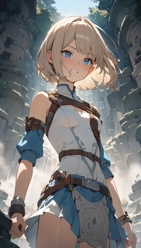 masterpiece, Best Quality, High resolution, Super detailed, Anime Style,  Fantasy, Cowboy Shot, One Girl, solo, Adventurer,  Cute face, Standing, Small breasts, Beige bob cut, break, Blue Eyes, break, Labyrinth in the fog, Outdoor, 