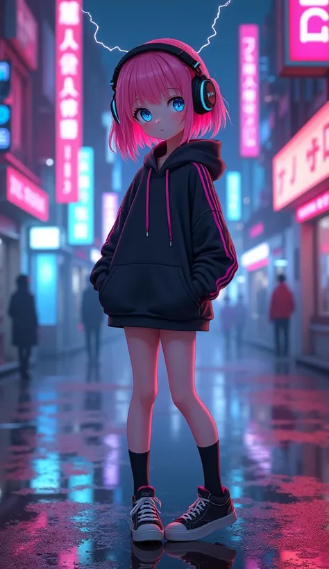 masterpiece, Best Quality, High resolution, Very detailed,(((Cute girl with pink hair))), (((Japanese Anime))), (((Black hoodie with pink stripes))), (((mini skirt))), (((Wearing headphones))), (((Black socks))), (((sneakers))), (((Neon lines))), (((Cyberp...