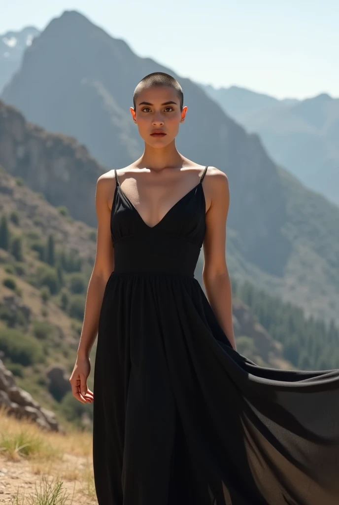 beautiful woman, short severely shaved undercut hair, wearing a black sun dress, very short closely shaved dark hair, dress flowing in the warm breeze of the mountains