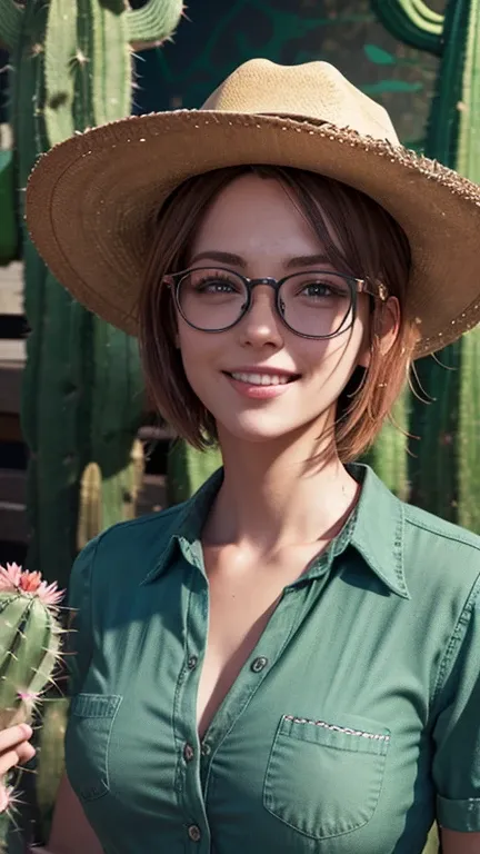 portrait, close-up, upper body. Short red hair, green eyes, glasses with metal frames, button down shirt, cowboy hat, joyful smile, cheerful girl . (masterpiece, top quality, best quality, official art, beautiful and aesthetically pleasing:1.2), extremely ...