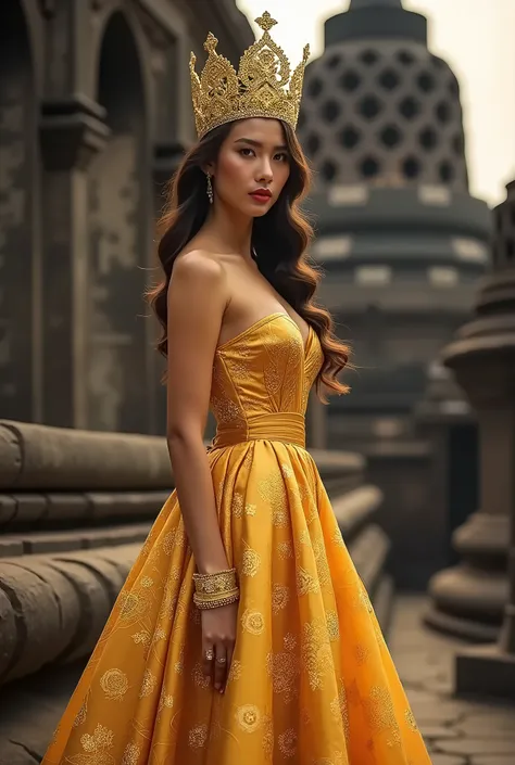 Create a glam shoot of Beautiful and Sexy Miss Supranational Indonesia with Gold Borobudur Crown in Gold Batik Gown with Borobudur Temple Background