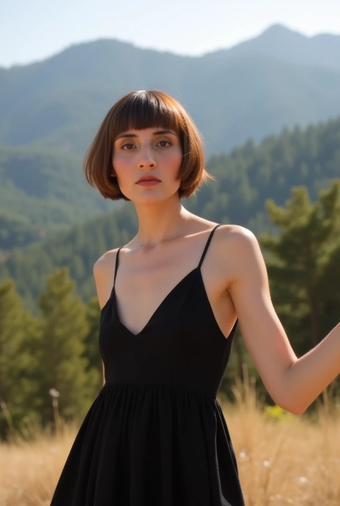 beautiful woman, short a-line bob hair, wearing a black sun dress, very short bob haircut, dress flowing in the warm breeze of the mountains