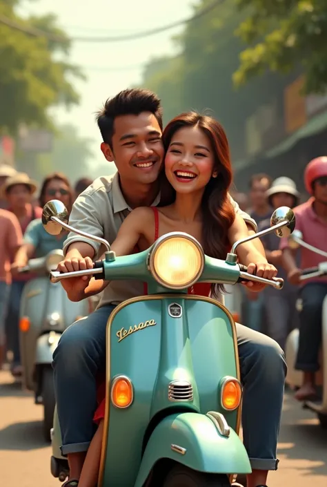 An Indonesian couple riding a Vespa motorbike together and they look happy. Crowd background