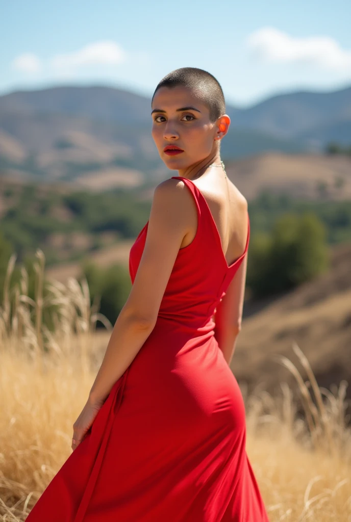 beautiful woman, ((short undercut pixie haircut)), wearing a red sun dress, (very short shaved undercut), dress flowing in the warm breeze of the mountains