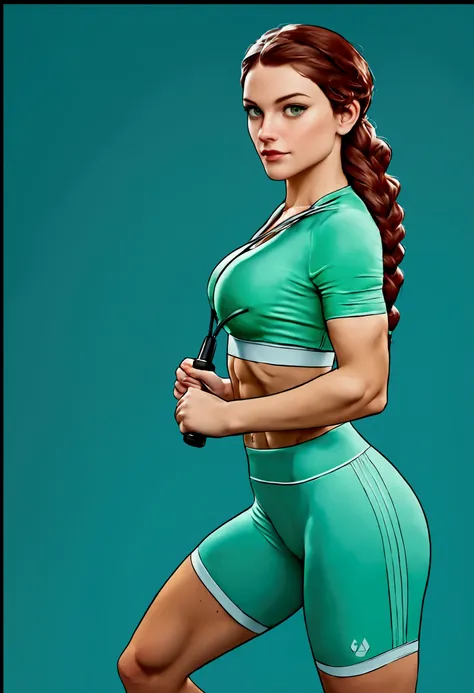 a woman in a green sports outfit holding a jump rope, two piece workout clothes, energetic varia suit, sports clothing, sport br...