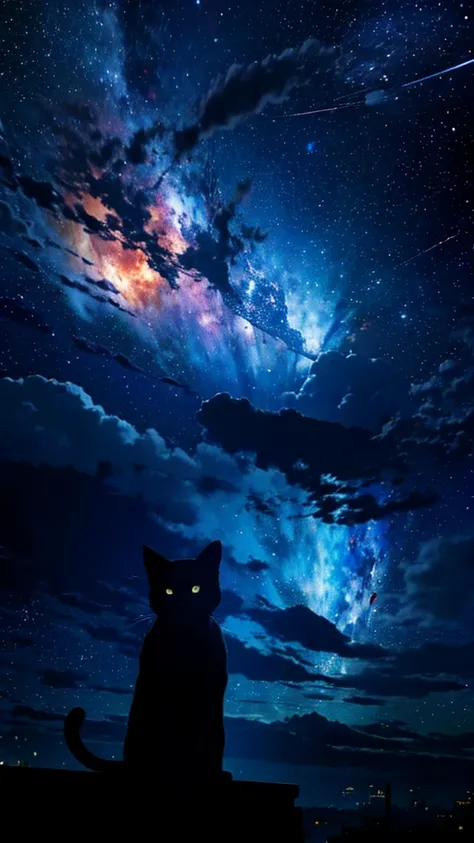 Universe，null，meteor，town，Flowing Clouds，A cat，silhouette，