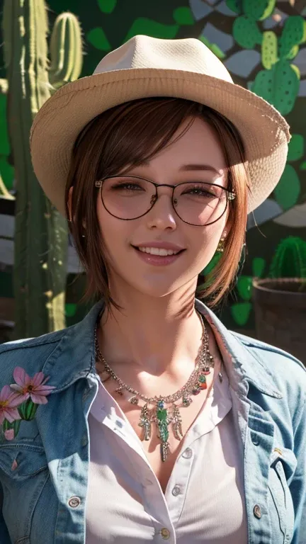 portrait, close-up, upper body. Short red hair, green eyes, glasses with metal frames, button down shirt, cowboy hat, joyful smile, cheerful girl . (masterpiece, top quality, best quality, official art, beautiful and aesthetically pleasing:1.2), extremely ...