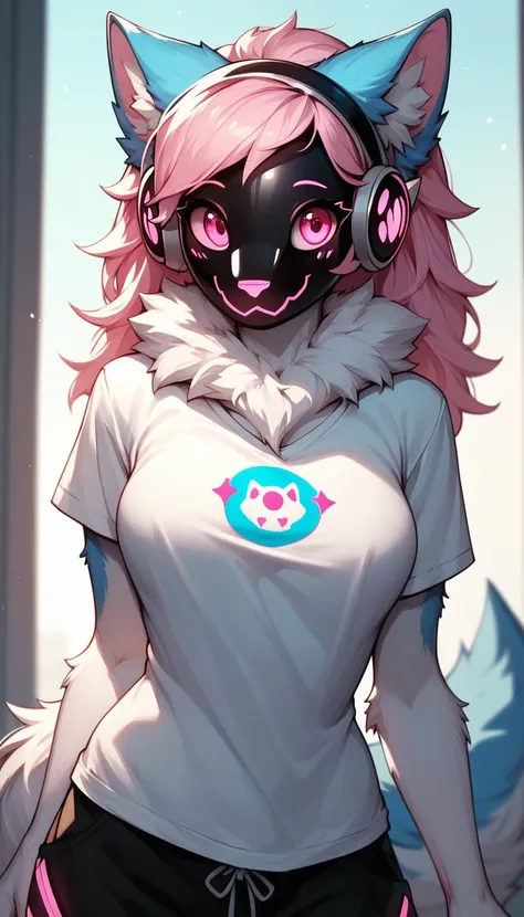 Female fluffy wolf, Protogen, Furry humanoid, White fur, Pink eyes, Blue ears, White T-shirt, Medium breast size., Super cute and sexy poses