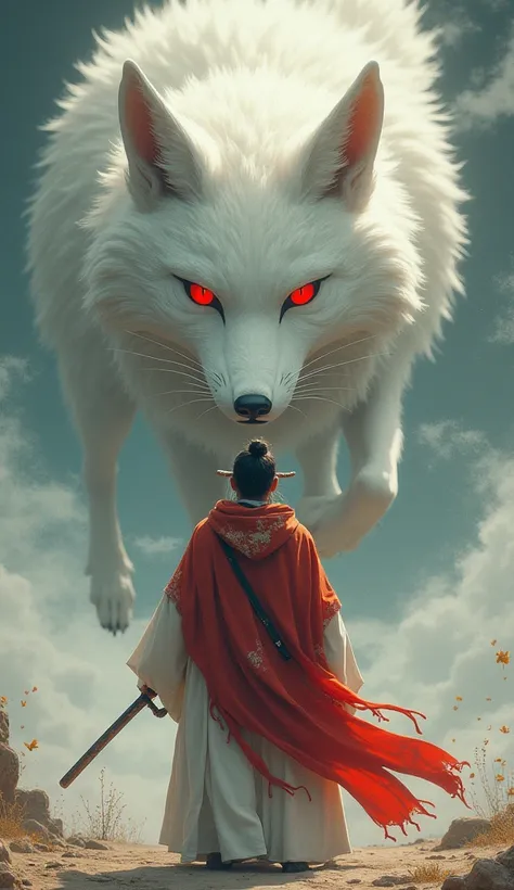 Imagine a Japanese nomad wearing a red and white cape, walking head on in front of a giant nine-tailed fox. The animal reflects spirituality and wisdom, while the nomad holds an ancient katana.