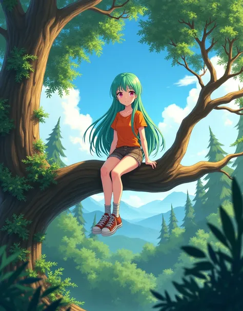 A  anime girl, anime style To Love Ru, high lighting, sitting on a branch of a large tree in a forest where there are pines and with some willows and some mountains on the horizon, blue sky in the day, measures 121 cm in height, She has long, parakeet-gree...