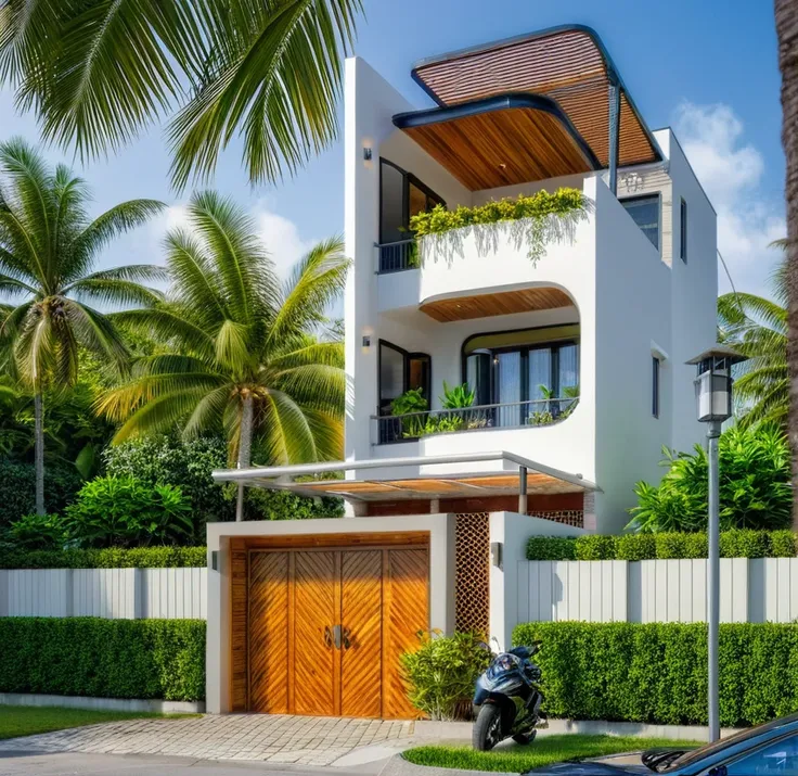 the tall and narrow 3-storey house is modernly designed, with steel gates and wooden details. the outside is painted white, the ...