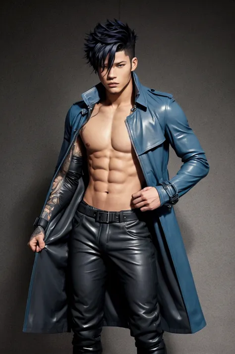 gray fullbuster, wearing an open blue leather trench coat. shirtless, black pants and marked boots