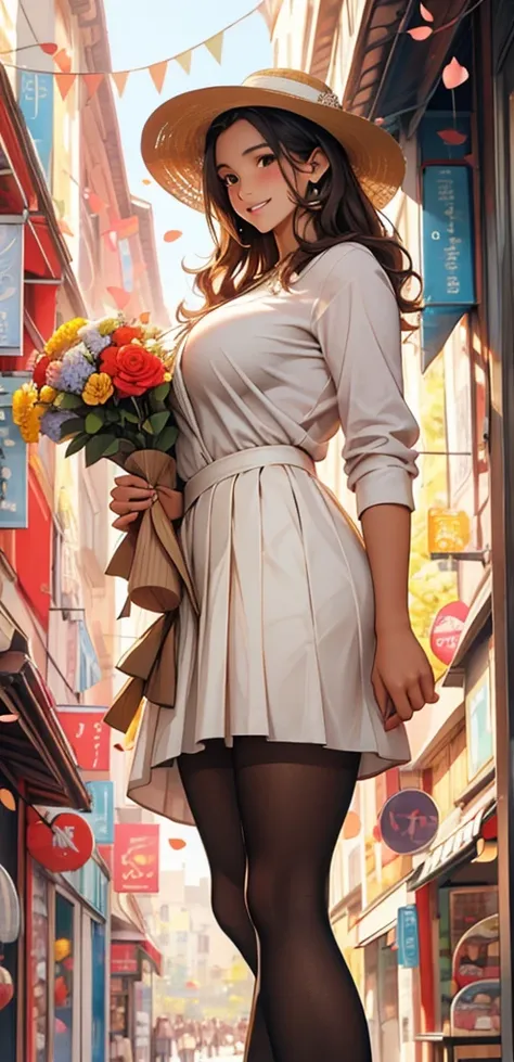 viewing from below, Petals are falling from the sky, under the warm, yellow sunlight.Standing on a shopping street from the 1980s.A painting filled with a sense of age, featuring a classic beauty with long black curly hair, a white shirt, a red pleated ski...