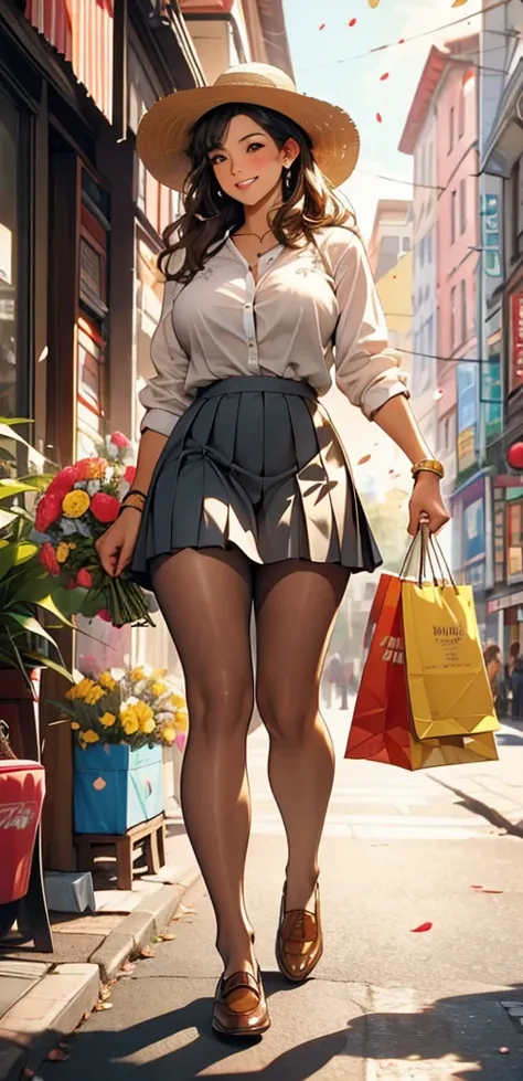 viewing from below, Petals are falling from the sky, under the warm, yellow sunlight.Standing on a shopping street from the 1980s.A painting filled with a sense of age, featuring a classic beauty with long black curly hair, a white shirt, a red pleated ski...