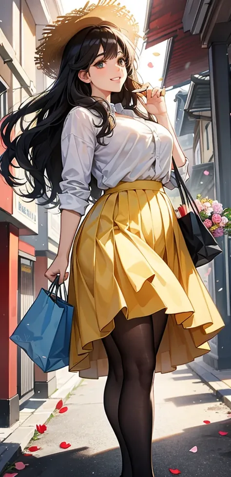 viewing from below, Petals are falling from the sky, under the warm, yellow sunlight.Standing on a shopping street from the 1980s.A painting filled with a sense of age, featuring a classic beauty with long black curly hair, a white shirt, a red pleated ski...