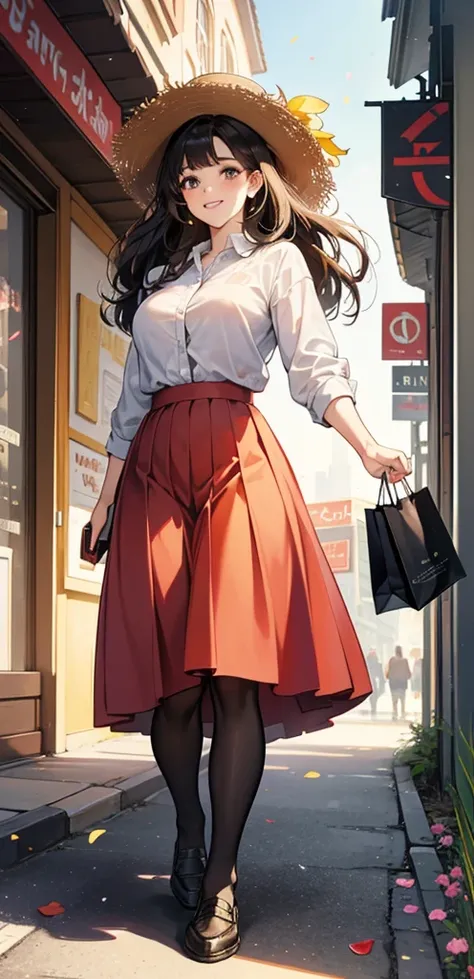 viewing from below, Petals are falling from the sky, under the warm, yellow sunlight.Standing on a shopping street from the 1980s.A painting filled with a sense of age, featuring a classic beauty with long black curly hair, a white shirt, a red pleated ski...