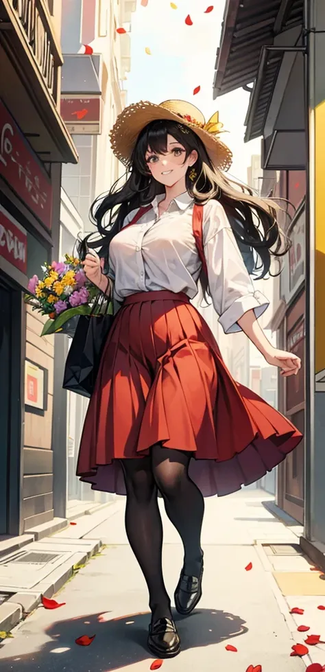 viewing from below, Petals are falling from the sky, under the warm, yellow sunlight.Standing on a shopping street from the 1980s.A painting filled with a sense of age, featuring a classic beauty with long black curly hair, a white shirt, a red pleated ski...