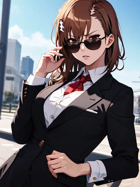 Mafia boss, Black Suit, sunglasses, (Misaka Mikoto), UHD, retina, masterpiece, accurate, anatomically correct, textured skin, super detail, high details, high quality, best quality, highres, 8k