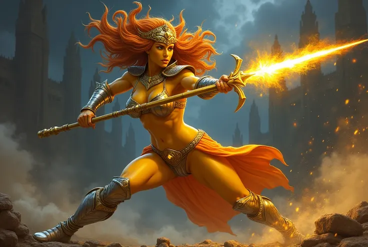 Using a graphic novel style with rich details and realistic lighting, depict a fierce female warrior with striking yellow skin and a muscular yet curvy physique in the Masters of the Universe style. Her long, wavy orange hair flows behind her as she charge...