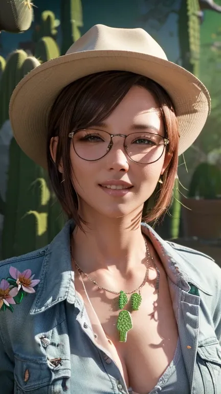 portrait, close-up, upper body. short red hair, green eyes, glasses with metal frames, button down shirt, cowboy hat, joyful smi...