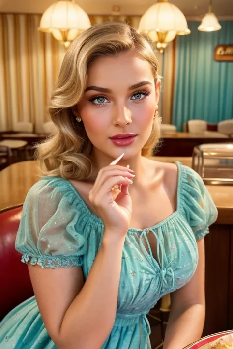 a beautiful girl in a retro 1950s style dress, sitting in a vibrant 1950s ice cream parlor, surrounded by classic desserts such ...