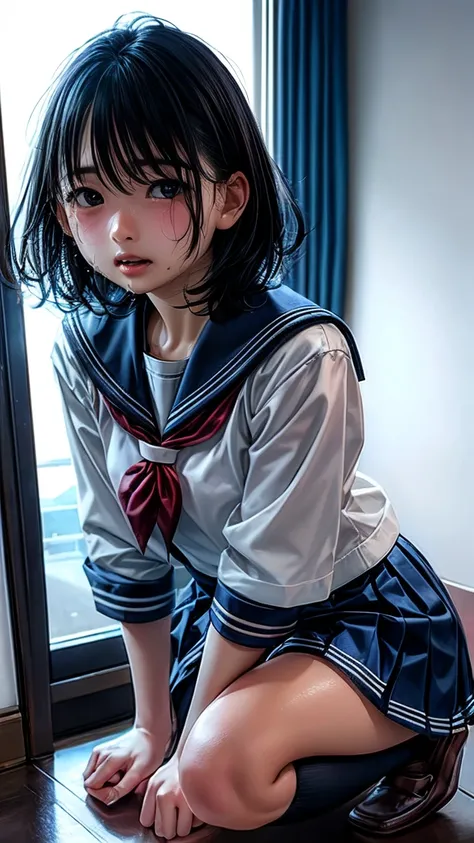 Viewer discretion advised,Please redeem, 4K, High resolution, whole body、Very detailed, Realistic:1.37, NFSW, Studio Lighting, Vibrant colors,cute、Junior high school students、1 person、Bobcut、Beautiful black hair、Sharp Face、(Sailor suit:1.4)、(Wear a jacket:...