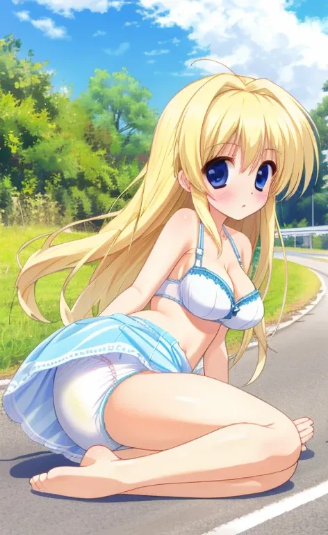 Beautiful long blonde girl　White and light blue diapers　Light blue bra　Stand with your legs apart　roadside　barefoot　Photographed from the front