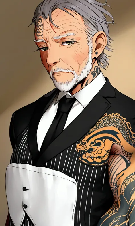 a grizzled old man, muscular, age 50, gray roots, oily black hair dye, many small scars, heavily tattooed below the neck (dragons), in an pin striped tuxedo with a cute woman on his arm
