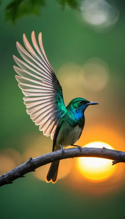 A bird with a body as transparent as glass、Beautiful Forest、
２A bird with transparent wings is perched on a branch、Mysterious scenery、Beautiful sunset、Emerald Eyes