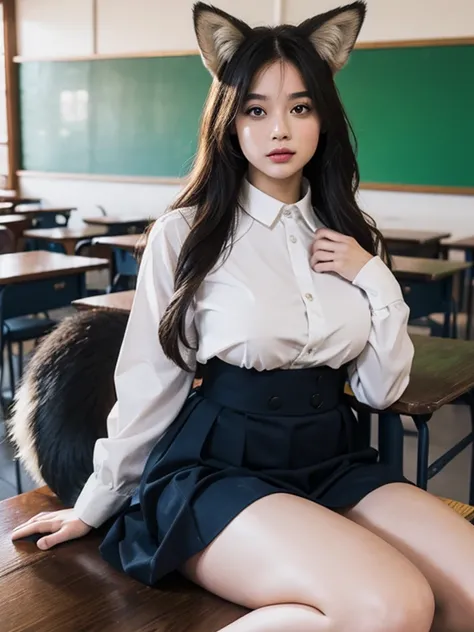 ((Best Quality, 8k)), ((masterpiece)), (Highest Resolution), Perfect Face, Woman with fox ears, Woman with a tail, Beautiful woman, She is a student, Filmed in a classroom, Only one tail, She has thick thighs, Her big fox tail, I can see her fox tail, She ...