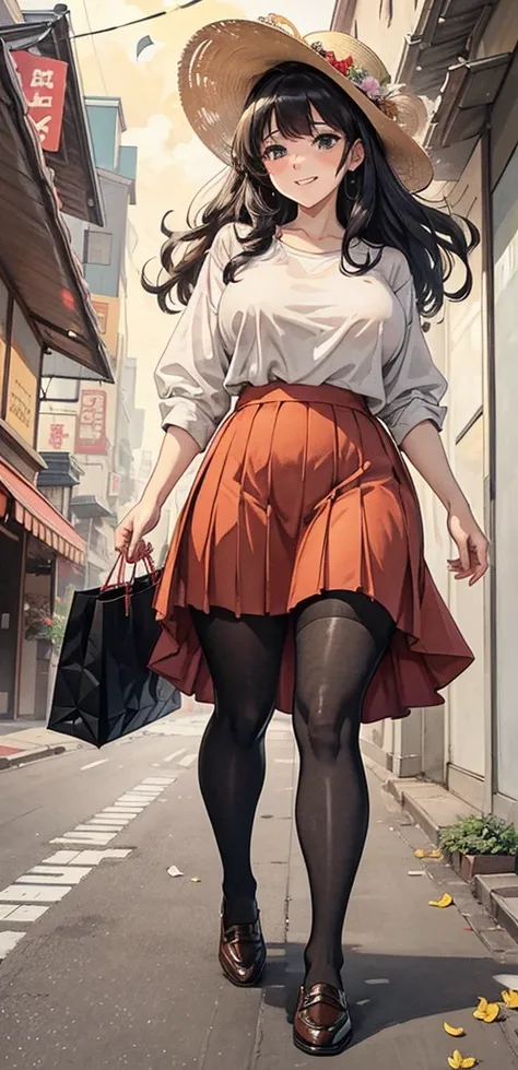 viewing from below, Petals are falling from the sky, under the warm, yellow sunlight.Standing on a shopping street from the 1980s.A painting filled with a sense of age, featuring a classic beauty with long black curly hair, a white shirt, a red pleated ski...