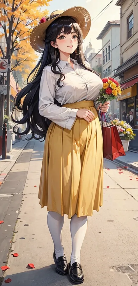 viewing from below, Petals are falling from the sky, under the warm, yellow sunlight.Standing on a shopping street from the 1980s.A painting filled with a sense of age, featuring a classic beauty with long black curly hair, a white shirt, a red pleated ski...