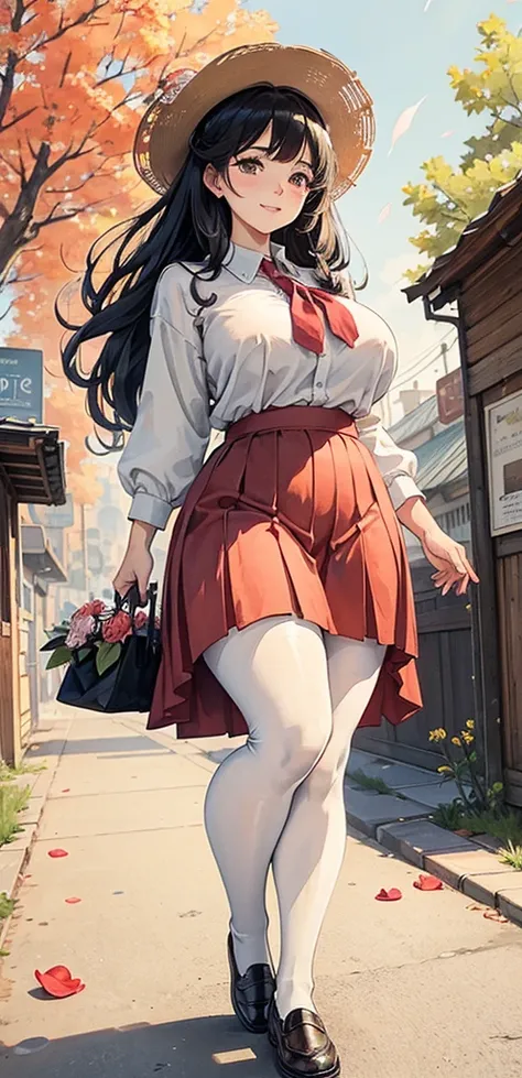 viewing from below, Petals are falling from the sky, under the warm, yellow sunlight.Standing on a shopping street from the 1980s.A painting filled with a sense of age, featuring a classic beauty with long black curly hair, a white shirt, a red pleated ski...