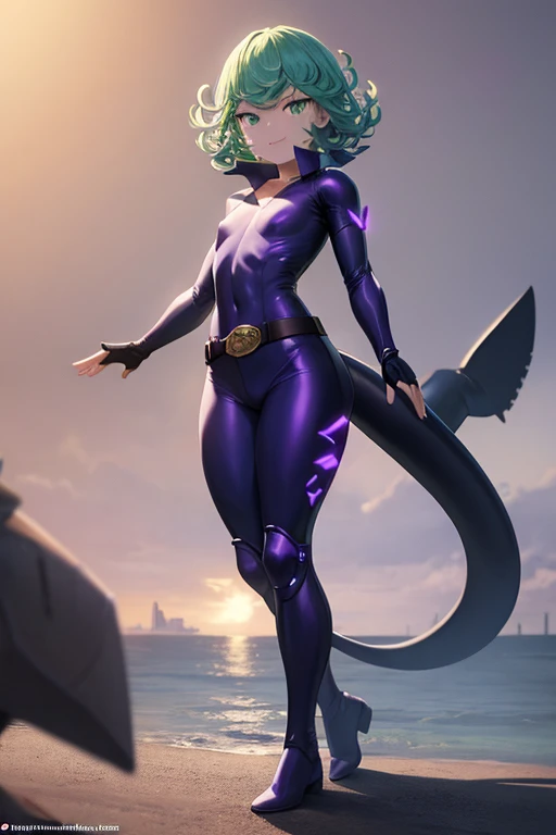 Masterpiece, best quality, ultra detailed, illustration, lighting epic, cinematic composition, 1 girl, Tatsumaki, short hair, green hair, very small breasts, green eyes, bright eyes, smiling, closed mouth, piercing gaze, full body, black collar, tall and s...