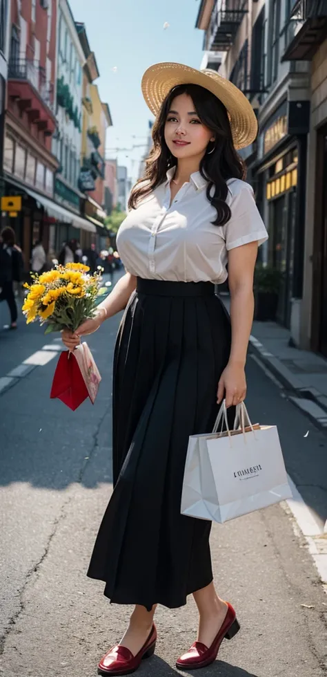 viewing from below, Petals are falling from the sky, under the warm, yellow sunlight.Standing on a shopping street from the 1980s.A painting filled with a sense of age, featuring a classic beauty with long black curly hair, a white shirt, a red pleated ski...