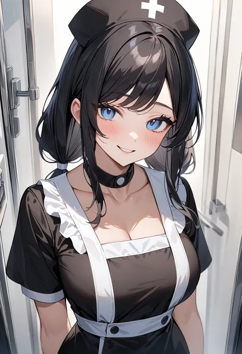 (masterpiece, top quality, very aesthetic, 4k、illustration), (beautiful woman)、intricate detail, 1woman,solo,()、 (stand ),(swept bangs)、(long hair)、,(upper body)、cute women、droopy eyes、(black nurse costume), ,relaxed smile、(black nurse cap)、(low twintails)...