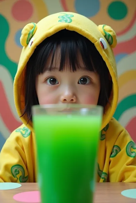 A close-up of a  Japanese girl with short bob hair wearing a Tsuchinoko-style hooded costume resembling a snake. She is looking up in surprise at a glass of green juice (Aojiru) with wide eyes and a shocked expression. The perspective is from below, making...