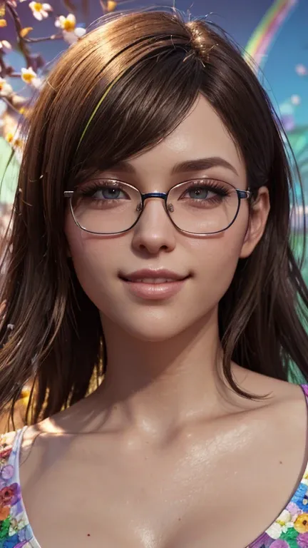 portrait, close-up, upper body. Short red hair, green eyes, glasses with metal frames, hippie clothes, joyful smile, cheerful girl . (masterpiece, top quality, best quality, official art, beautiful and aesthetically pleasing:1.2), extremely detailed,(fract...