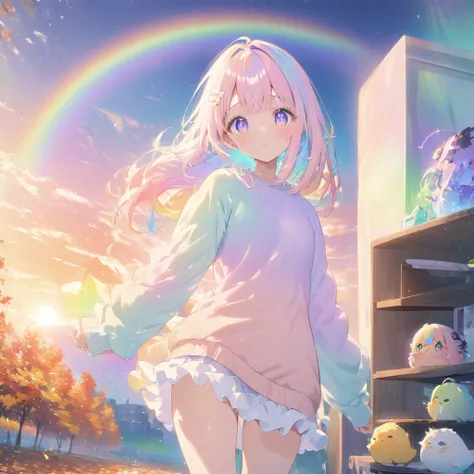 pastel, anime，Blurred Expression、Blurred boundaries、Girl、Autumn sweaters、room、indirect lighting、relax、Big chick５Animals、Sky with a rainbow in the background、