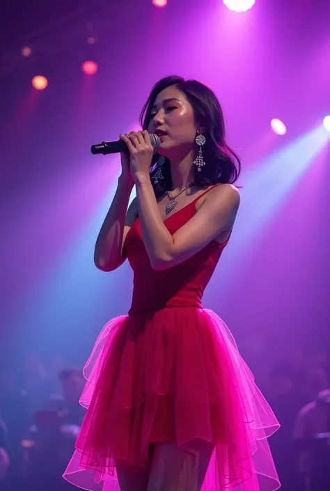 Thai woman, 18 years old, sweet and beautiful face, black and white highlighted hair, shoulder length hair, perfect big breasts, perfect figure, red dress, diamond necklace, fashionable earrings, multi-layered pink skirt. Stand on stage surrounded by purpl...