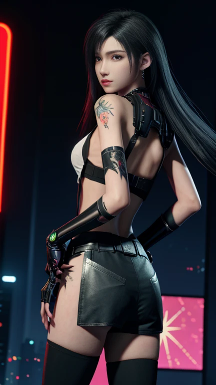 Please redeem，masterpiece，8k, Beautiful woman，(Tops)，spider tattoo on back，black slacks，Female Mafia，Cyberpunk City，night，is looking back at me