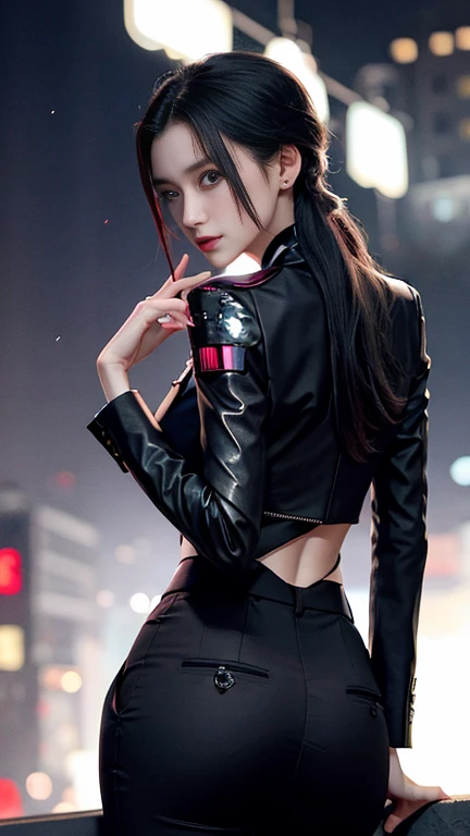 Please redeem，masterpiece，8k, Beautiful woman，(Tops)，spider tattoo on back，black slacks，Female Mafia，Cyberpunk City，night，is looking back at me